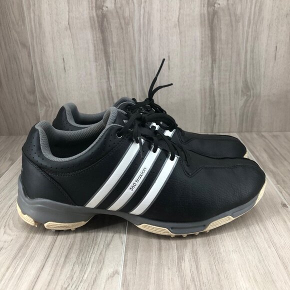 Adidas Golf Shoes Mens 8 Traxion Black Leather Lace Up Soft Spike Cleats - Picture 1 of 11